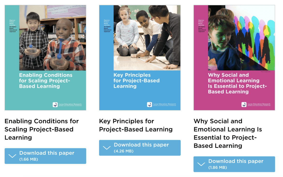 four project-based learning brief covers leading to Lucas Education Research website