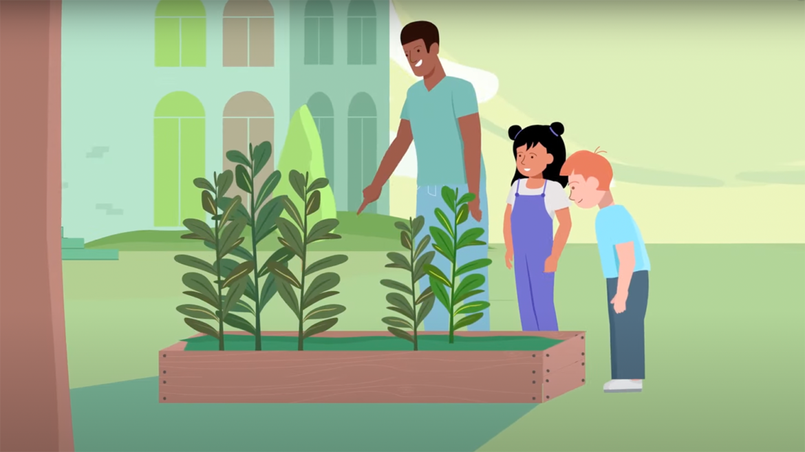 animated graphic of teacher and students by garden